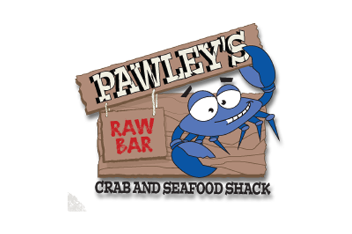 Pawleys raw Bar Logo with link to Website and  and image of plates of crab legs, bangin shrimp tacos