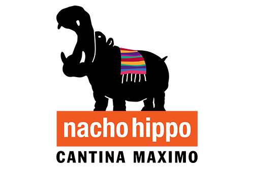 Nacho Hippo Logo with link to Website and  and image of plate of assorted taco specialty dishes